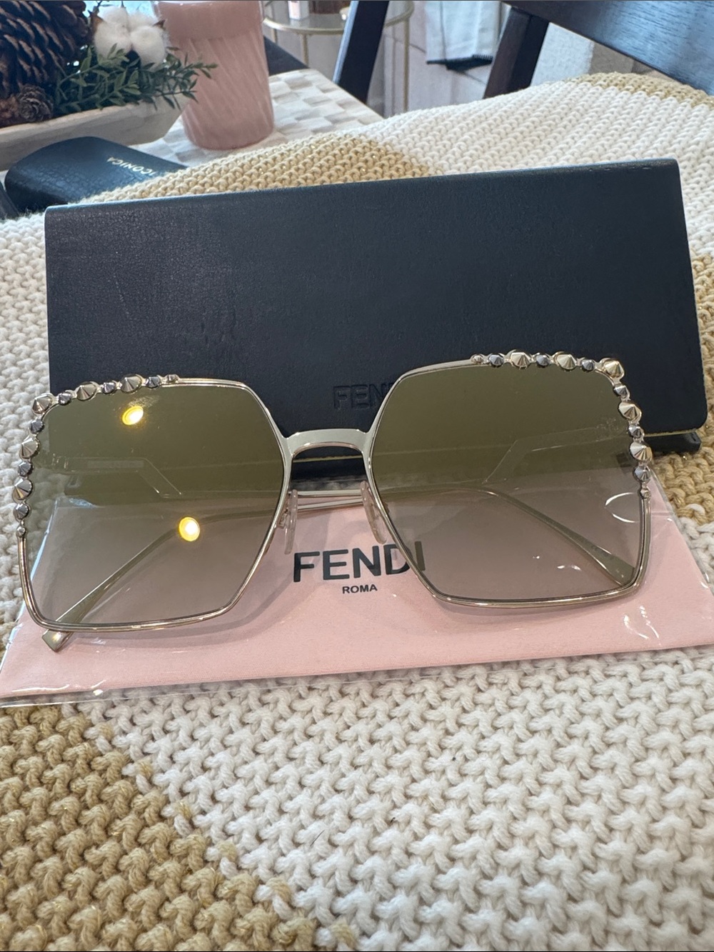 Fendi Women's Green-Tinted Crystal-Embellished Square Sunglasses - Picture 1 of 2